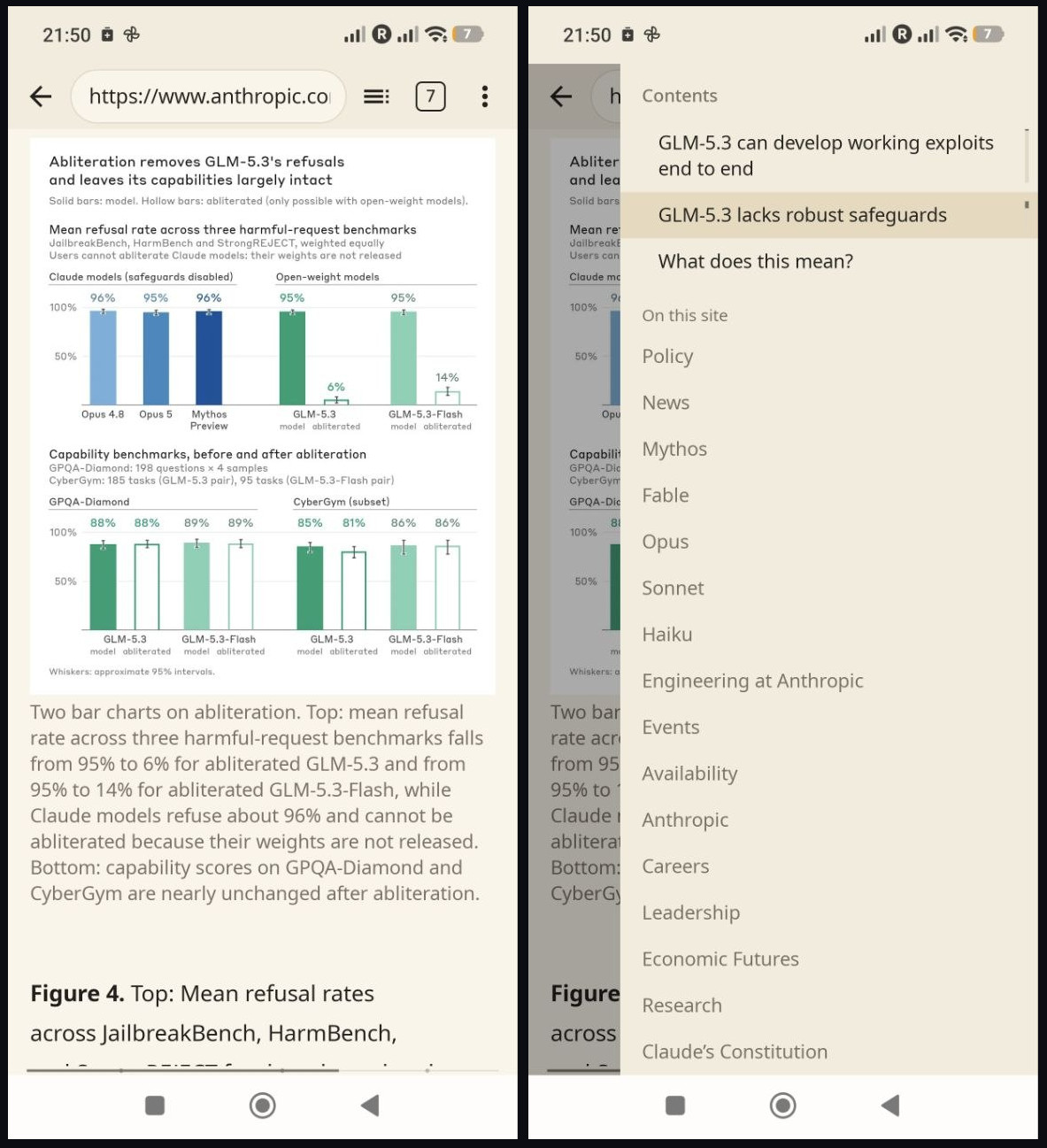 Brevier on an Android phone, two screens side by side: an article from anthropic.com with bar charts and their caption in the reader's type; and the same page with the shelf open, listing the article's sections and the site's pages.