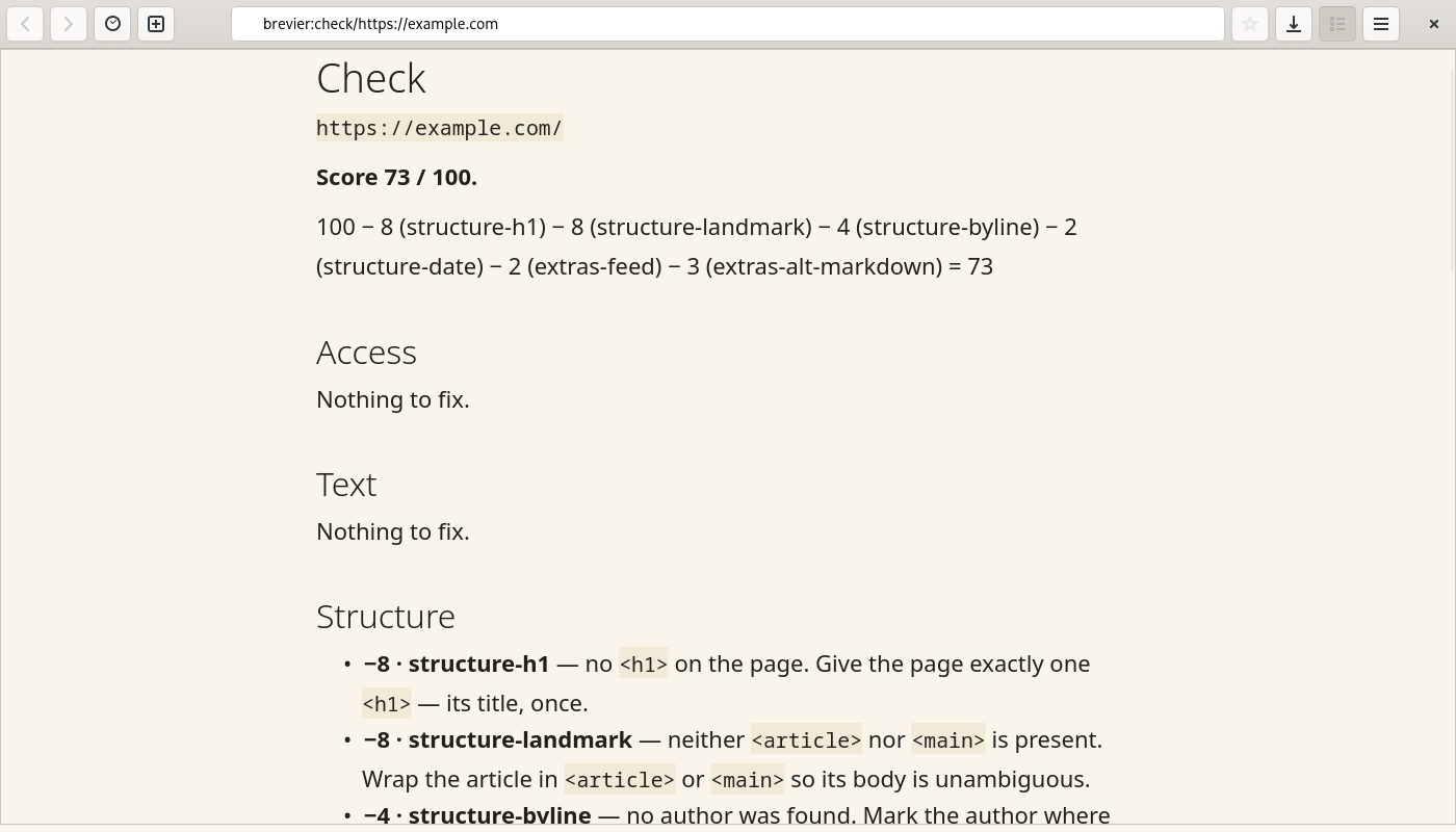 The check report for example.com: a score of 73 out of 100, the sum behind it, and the findings stage by stage, each saying what to change.