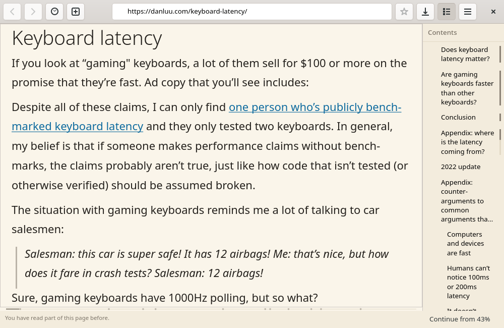 Dan Luu's essay on keyboard latency opens at the top; the status line says “You have read part of this page before” and offers Continue from 43%. One click, and the text moves to where the reader stopped, with that section marked on the shelf. Then Ctrl+Shift+F, the word “display” typed into the address bar, and the archive answers with three pages and a snippet from each.
