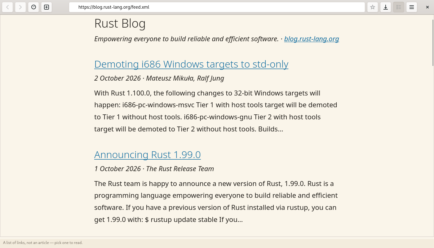 The Rust Blog feed as a list: each entry's title as a link, the date and the authors, then a short summary.