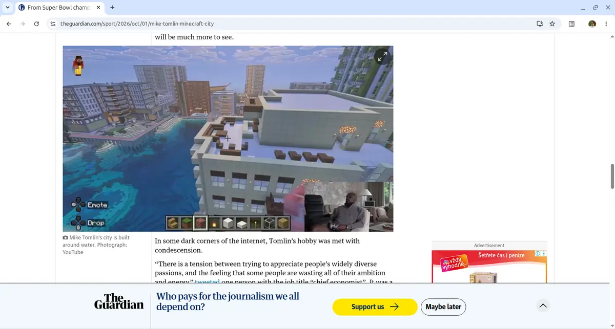 The same Guardian article twice. First in Chrome: the text squeezed into a narrow column between a video, an advertisement and a fundraising banner across the bottom of the screen. Then in Brevier: the same text in one calm column on ivory paper, with the contents and the site's sections on the shelf.