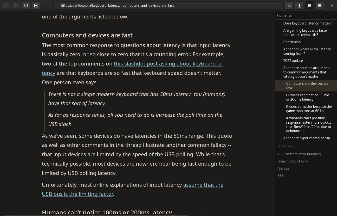 The same page in the dark theme: light text on a warm, nearly black background.