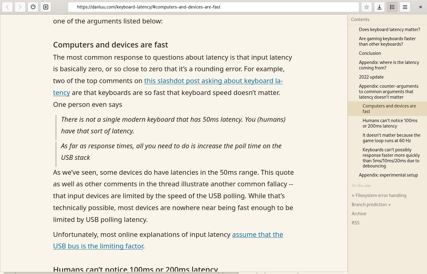 Dan Luu's essay on keyboard latency in Brevier's light theme: dark text on ivory paper in a hyphenated column, two quotations set off by a rule, and on the right the shelf with the contents, the current section highlighted.