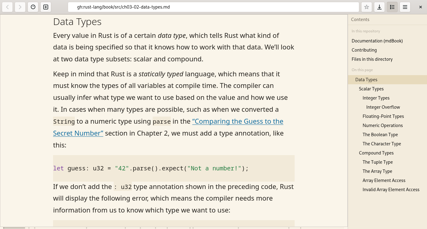 The Rust book's chapter on data types, opened as gh:rust-lang/book/src/ch03-02-data-types.md: the chapter's text and a code example on the left; on the shelf, the repository's documentation, Contributing and the files in the directory, then the chapter's sections.